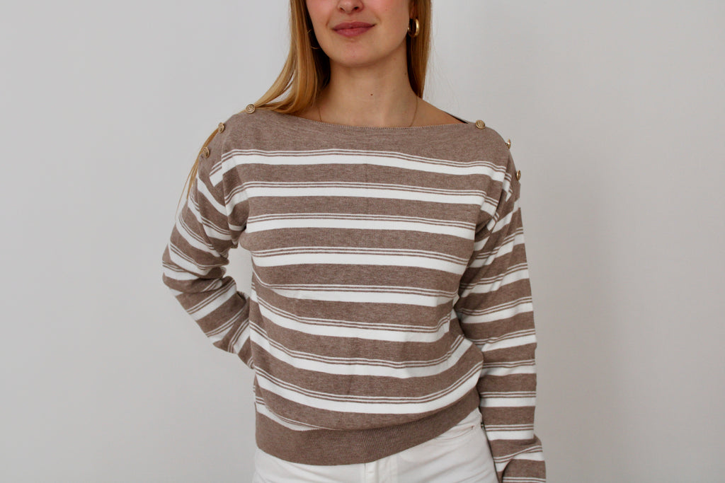 Pull marinière beige et blanc