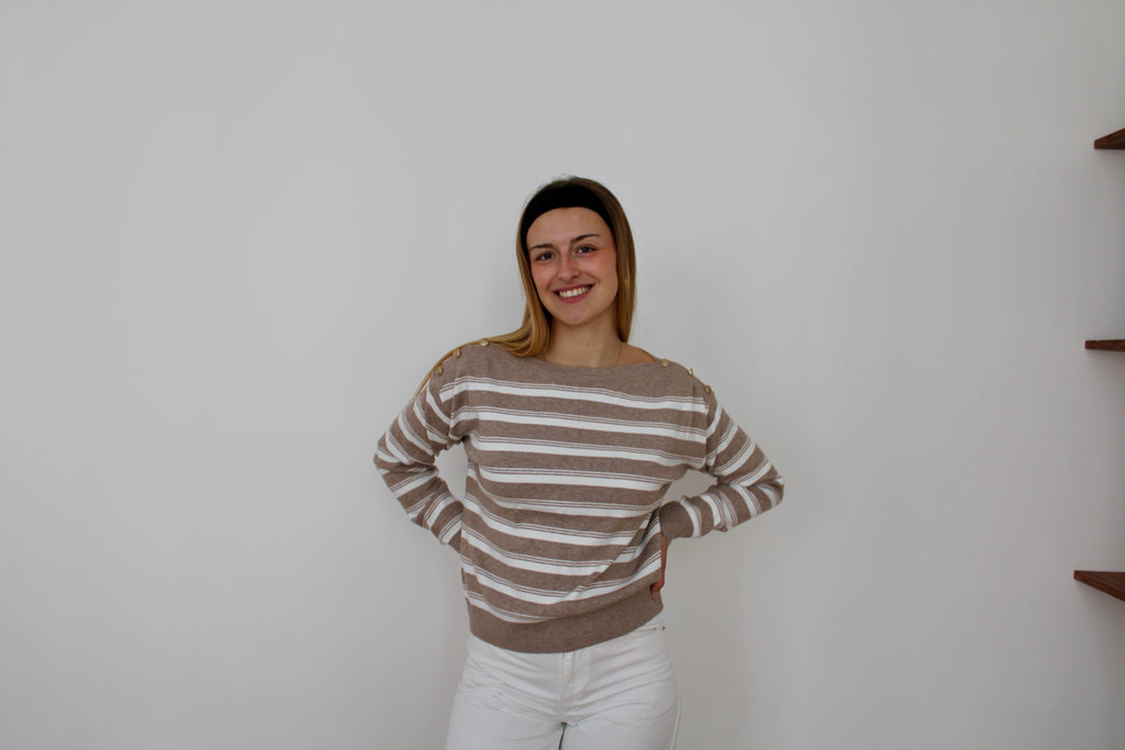 Pull marinière beige et blanc