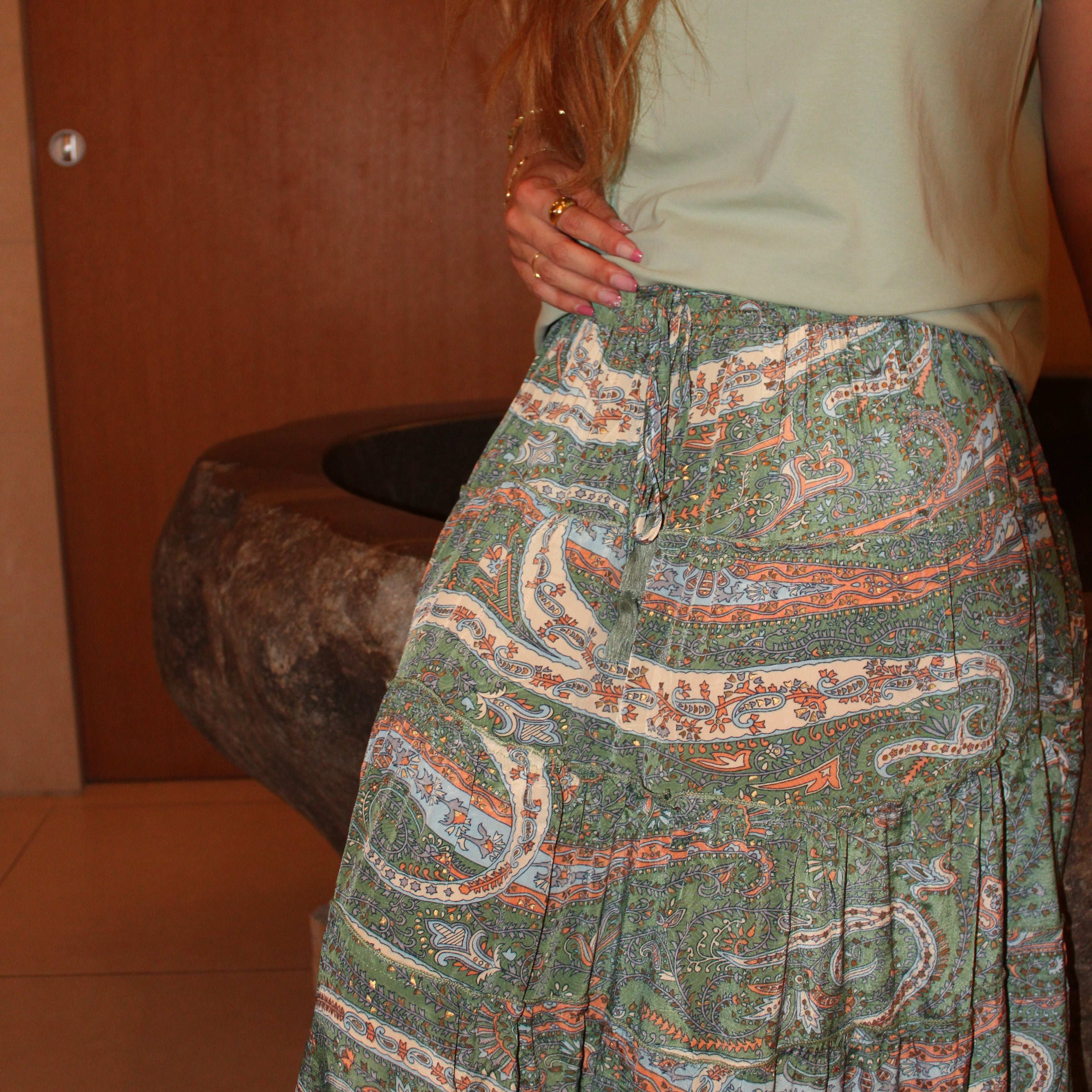 Jupe longue fleurie - Vert sauge