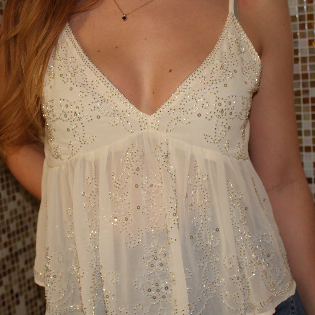 Top à bretelles à strass - Blanc